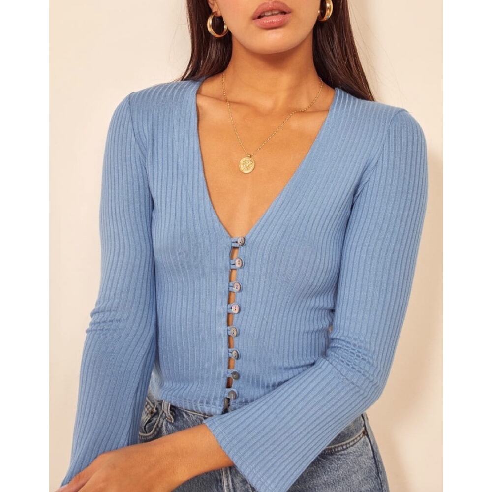 Reformation gellar top shirt cardigan blue long sleeve v neck ribbed xs minimal